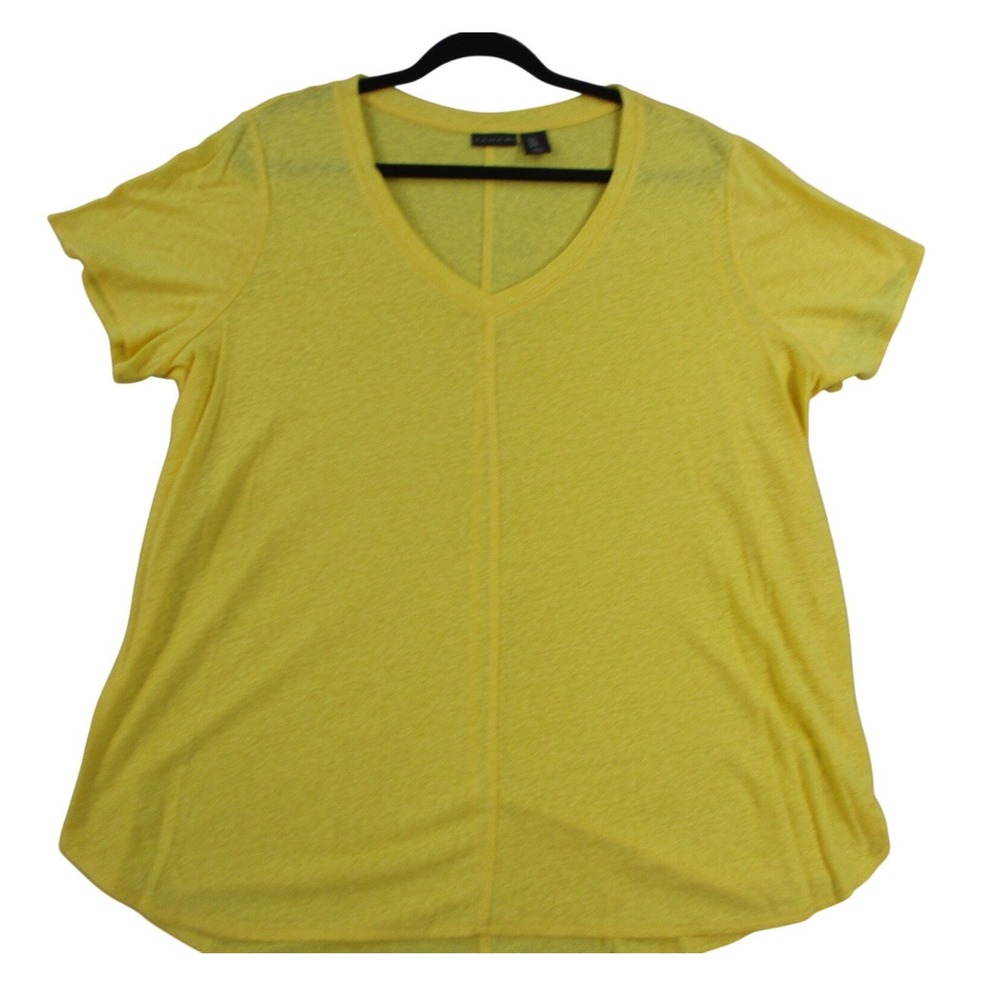 Tahari Womens 1X Yellow V-Neck Short Sleeve Slub Knit Seam Detail Top Tee 6179‎